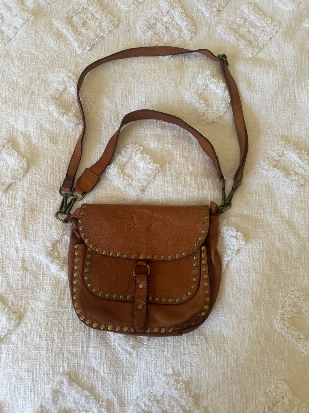 Stud-Trim Leather Crossbody Bag in Brown